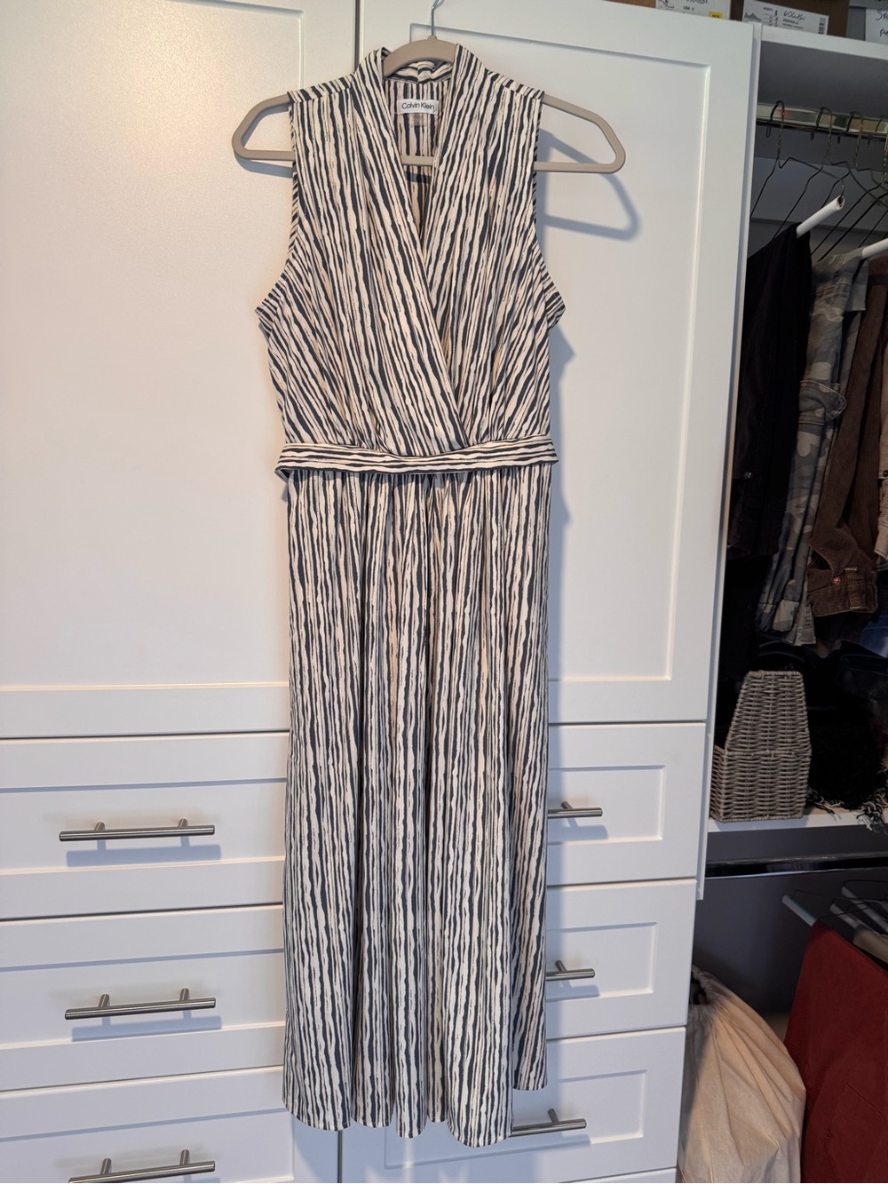 Calvin Klein Black and White V-Neck Sleeveless Maxi Dress